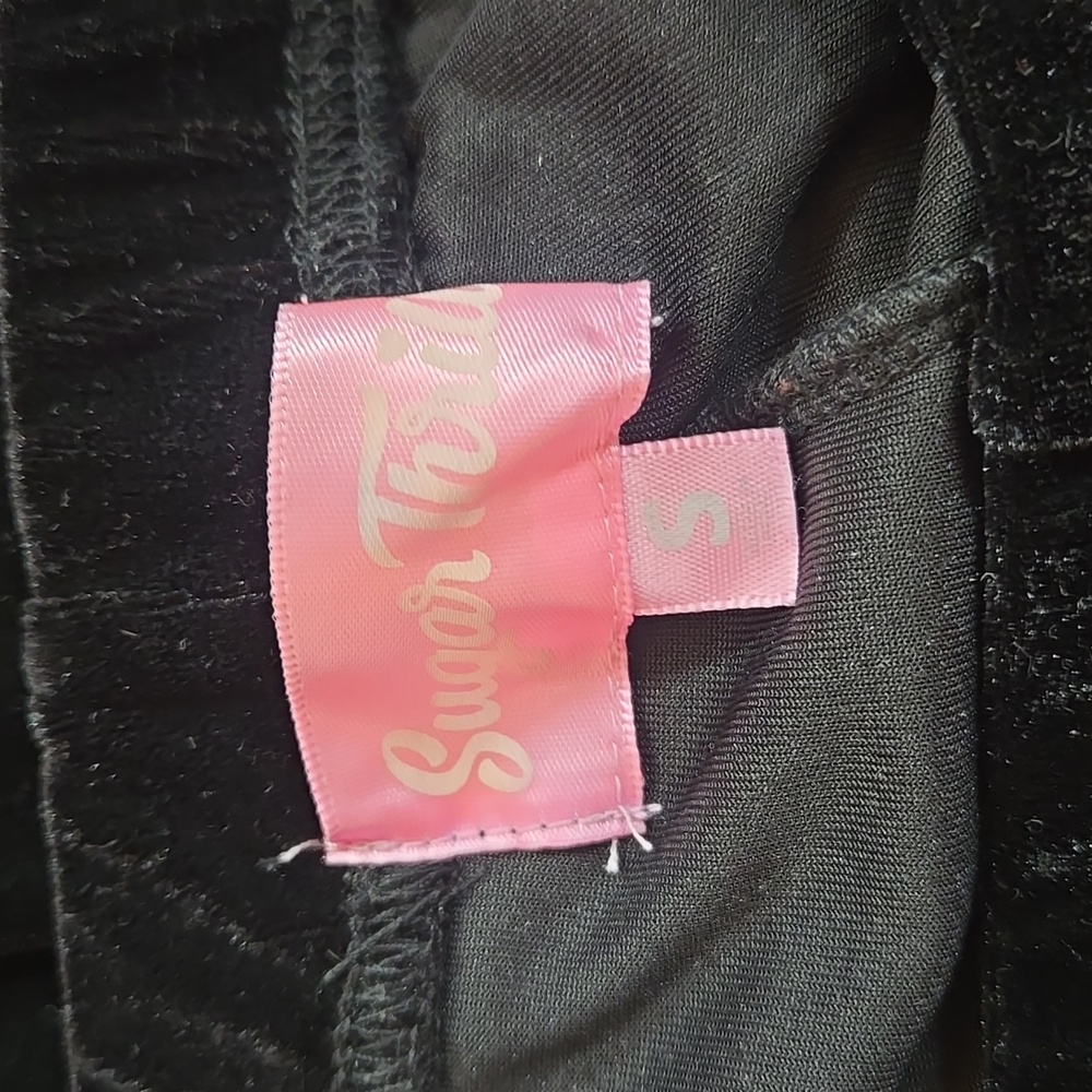 Dolls Kill Sugar Thrillz Velvet Bell Bottoms Flare Black Pink Lace Bow Goth - Picture 5 of 5